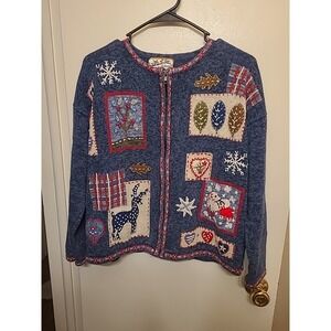 Vintage Heirloom Collectibles Holliday Cardigan Womens M Blue‎ Patchwork Knit